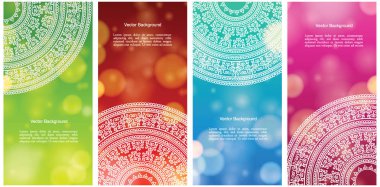 Hint ülke süsleme illüstrasyon kavramı kümesi. Etnik ve renkli kına Mandala tasarım, festival ve glitter bokeh arka plan.