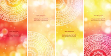 Hint ülke süsleme illüstrasyon kavramı kümesi. Etnik ve renkli kına Mandala tasarım, festival ve glitter bokeh arka plan.