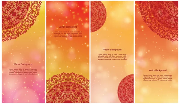 一套印度国家装饰插画的概念 民族多彩的指甲花曼荼罗设计 节日和闪光散景背景 — 图库矢量图片