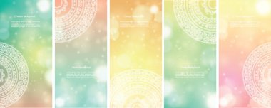 Hint ülke süsleme illüstrasyon kavramı kümesi. Etnik ve renkli kına Mandala tasarım, festival ve glitter bokeh arka plan.