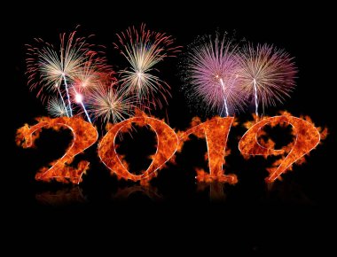 Alev ile 2019 takvimli illüstrasyon. 3D render.