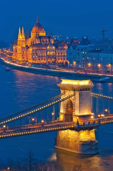 Budapest Stad Nattscen Visa Chain Bridge Floden Donau Och Berömda Stockbild