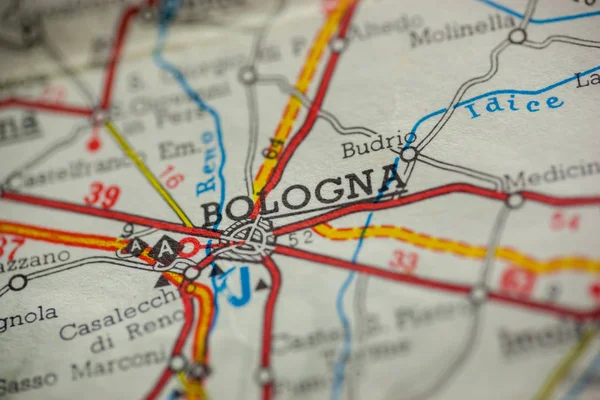 Bologna, Italy is the center of focus on an old map.