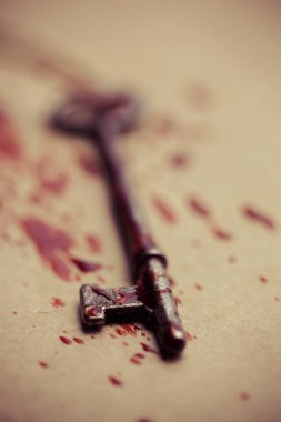 Kahrolası bir iskelet anahtar kahverengi yüzeyinde oturur.