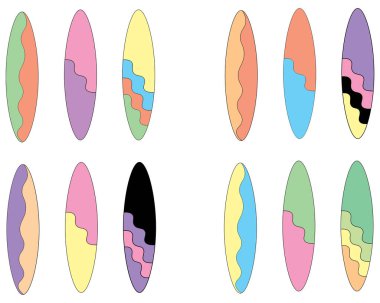 Yaz için serin renklerde düz dizayn sörf tahtası çizimleri