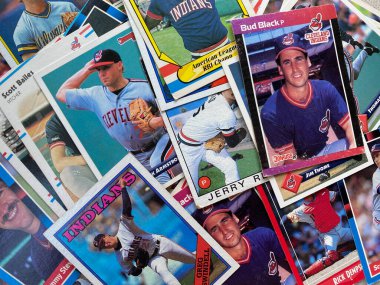 WOODBRIDGE, NEW JERSEY - Juy 25, 2020: a collection of 1980s Cleveland Indians Baseball cards by Doruss, Fleer, and Topps clipart