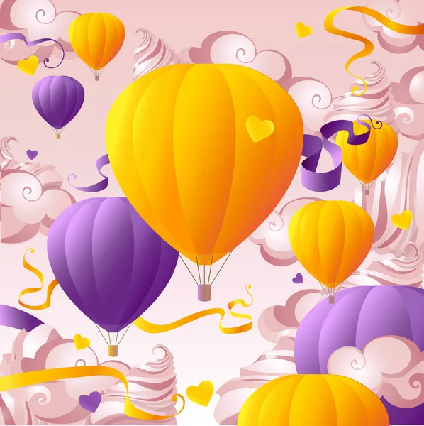Flight Air Balloons Vector Postcard Decorative Marshmallow Cloudscape — Stock Vector