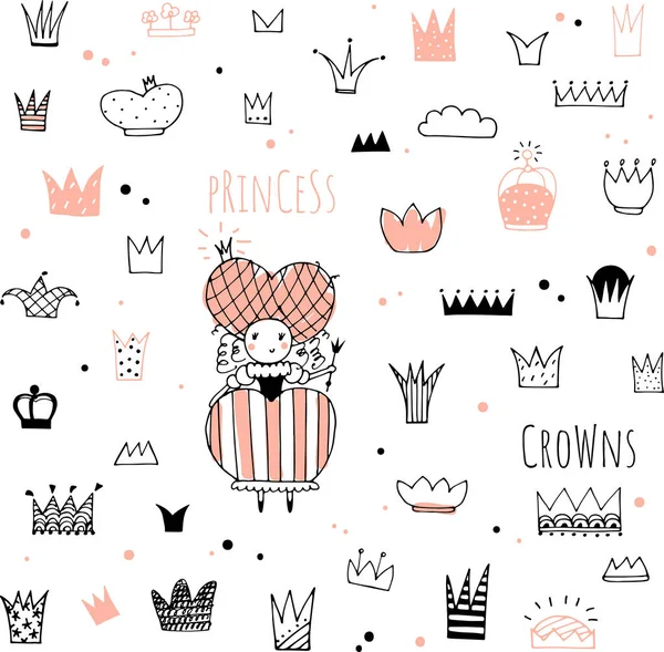 Mão Desenhado Coroas Doodle Princesa Bonito —  Vetores de Stock