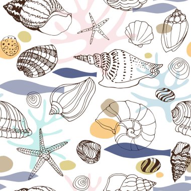 Elle çizilmiş deniz kabuklarını, deniz yıldızı ile deniz soyut seamless modeli