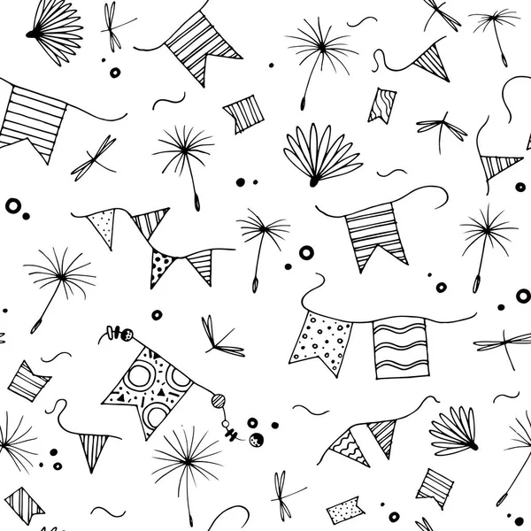 Summer Seamless Pattern Black Elements Isolated White Background Doodle Dandelion — Stock Vector