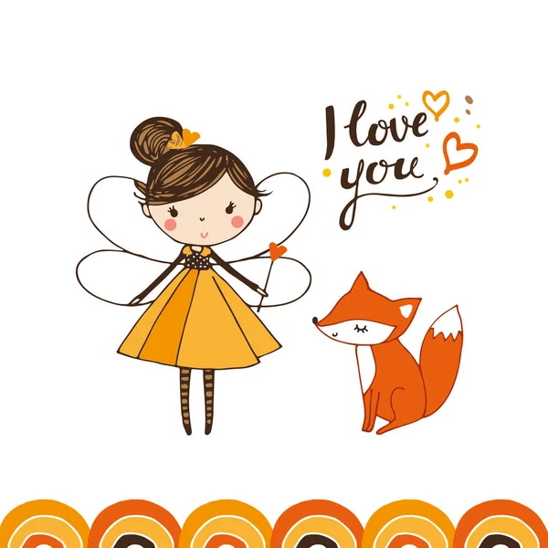 Little Girl Fox Vector Illustration Cartoon Greeting Card — Stock Vector