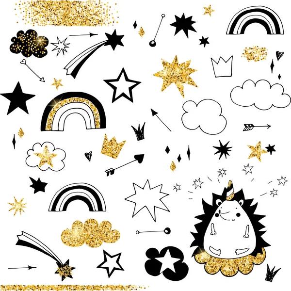 Fairy Doodle Black Gold Elements Rainbow Stars Clouds Vector Objects — Stock Vector