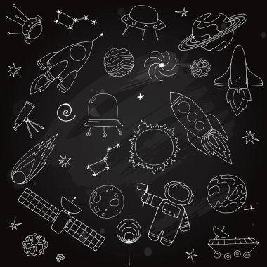 Yazı tahtası üzerinde kabataslak el doodle alan öğeleri