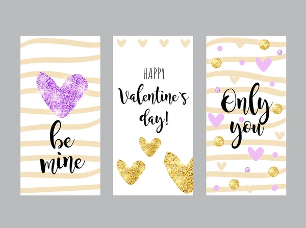 Valentinstag Grußkarten Vektor Illustration Banner Mit Glitzernden Veilchen Und Goldenen — Stockvektor