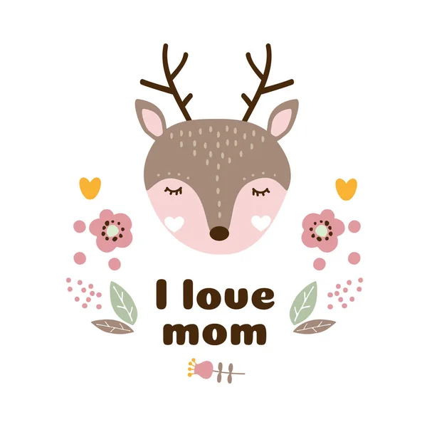 Love Mom Nursery Greeting Card Cute Deer Vector Illustration — Stock Vector