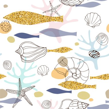 Deniz kabuklarını ve glitter balık deniz soyut seamless modeli el ile çizilmiş