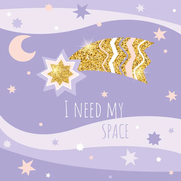 Cute childish space postcard. Glitter comet and stars vector illustration