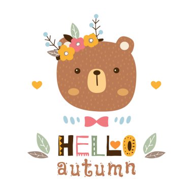 Sonbahar vektör çizim Merhaba. Şirin bebek ayı vektör kartı