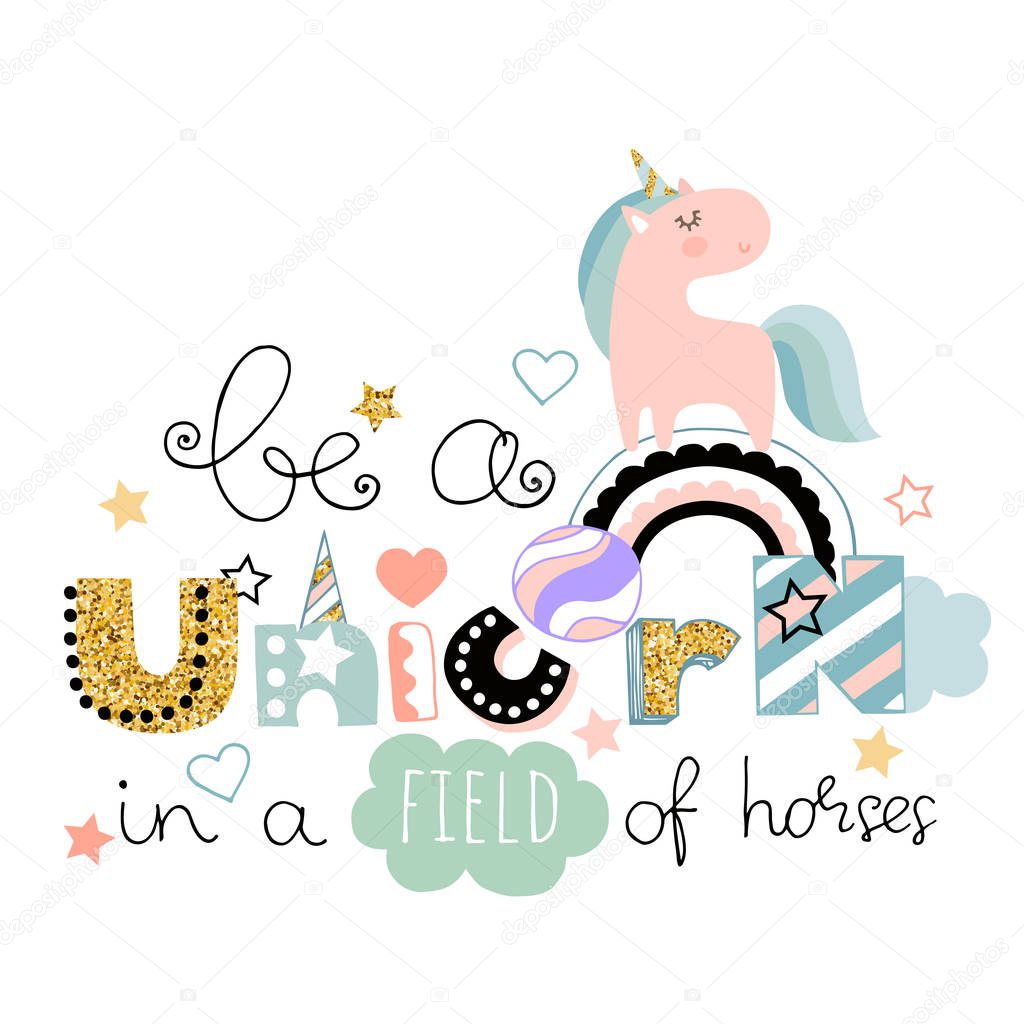 Lettering be a unicorn in a field of horses with gold elements