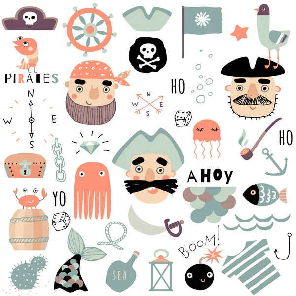 Set Cute Nautical Piratical Elements Hand Drawn Vector Illustration — Stock Vector