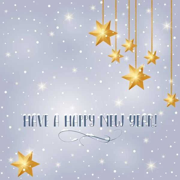 Feliz Año Nuevo tarjeta de felicitación con estrellas, nieve y destellos. Ilustración vectorial invierno — Vector de stock