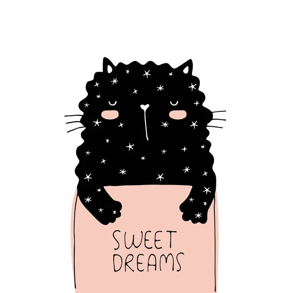 Tatlı rüyalar vektör illüstrasyon kart. Uyuyan kedi doodle — Stok Vektör