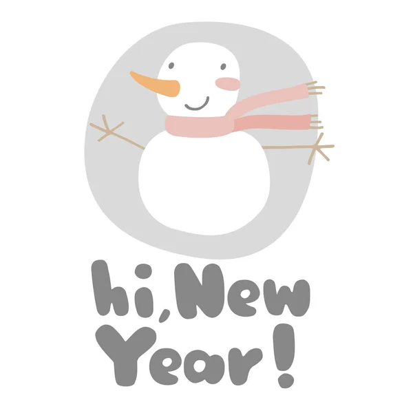 Tarjeta de felicitación con muñeco de nieve lindo. Ilustración vectorial invierno — Vector de stock