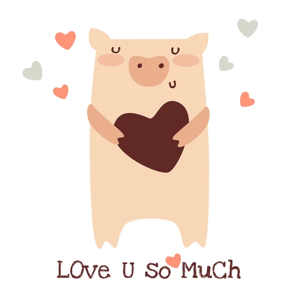 Happy Valentines Day greeting card. Cute funny pig with heart. Doodle vector illustration — Stock Vector