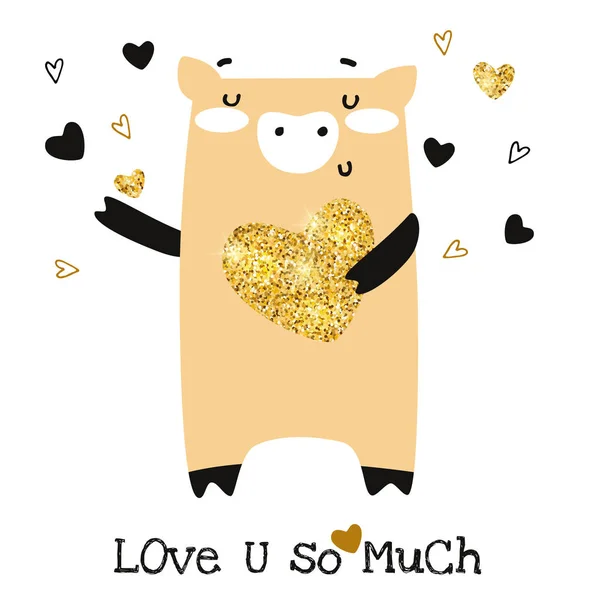 Happy Valentines Day greeting card. Cute funny pig with glitter heart vector illustration — Stock Vector