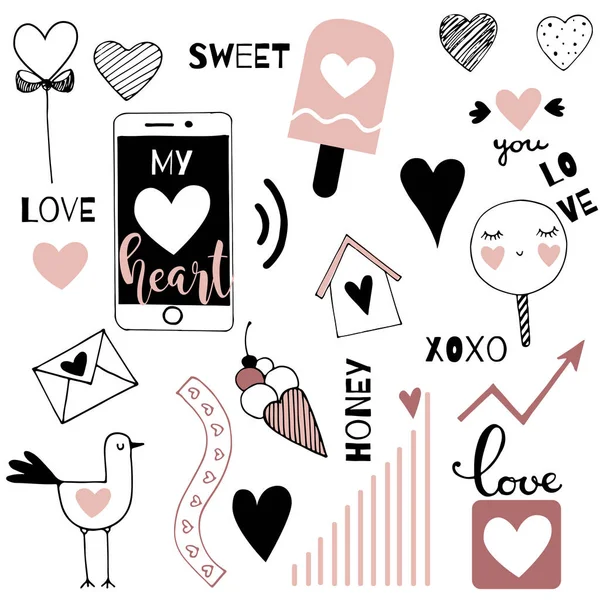Elementos garabatos del Día de San Valentín. Ilustración vectorial dibujada a mano — Vector de stock