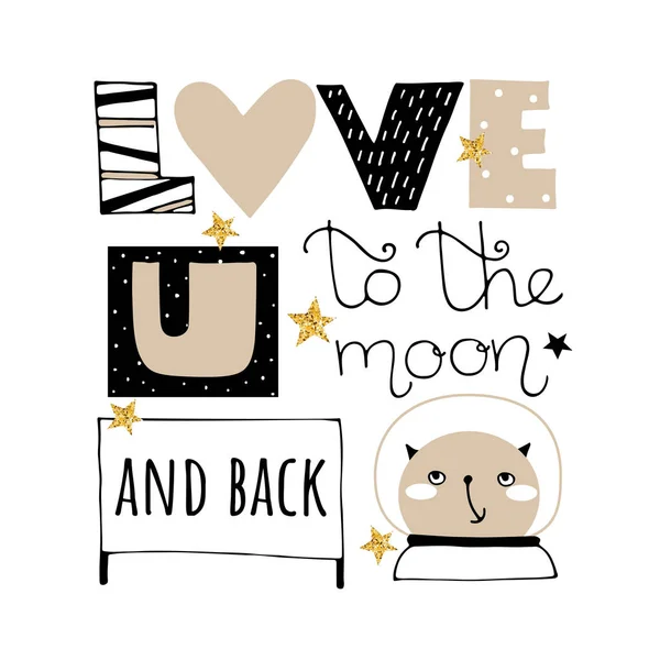 Doodle lettering vector illustration. Valentines Day card with glitter stars. Love you to moon and back phrase — Stock Vector