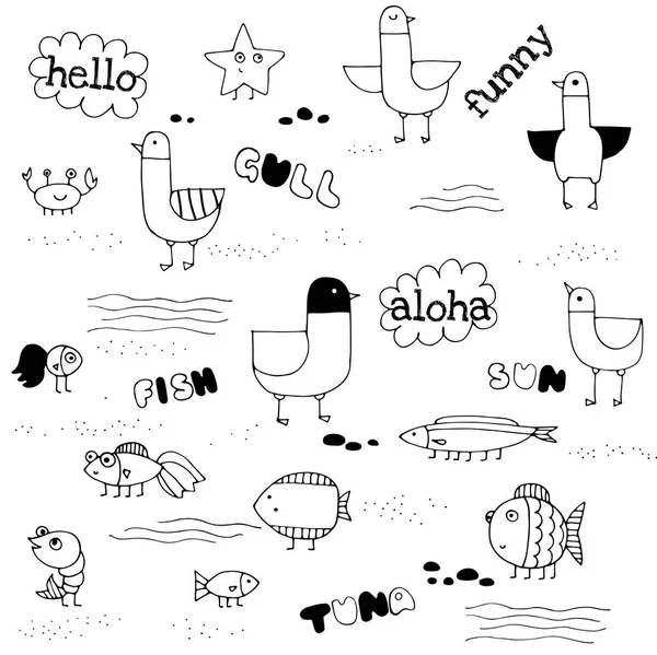 Funny hand drawn gulls and fish. Doodle summer vector illustration — Stock Vector