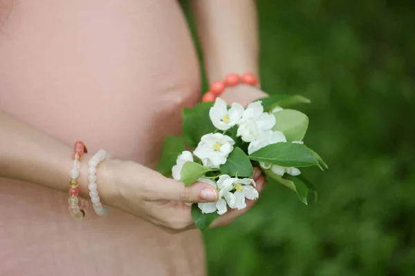 Těhotná Žena Tmavými Vlasy Růžová Drží Bílé Květy Zelené Trávě — Stock fotografie