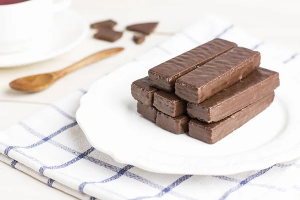 Chocolate Waffle Bars White Plate Cup Tea — Stock Photo, Image