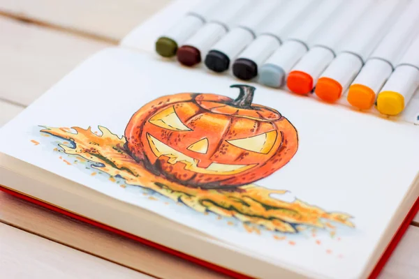 Dibujo Boceto Por Marcadores Cuaderno Bocetos Calabaza Halloween — Foto de Stock