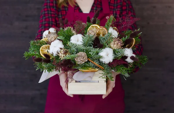 Composition Fir Branches Cones Wooden Box Woman Hands — Stock Photo, Image