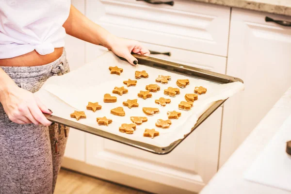 Raw ginger cookies on baking sheet in woman hands