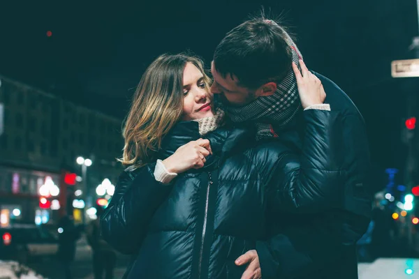 Real Young Couple Walking Together Night City Kissing Smiling Winter — Stock Photo, Image