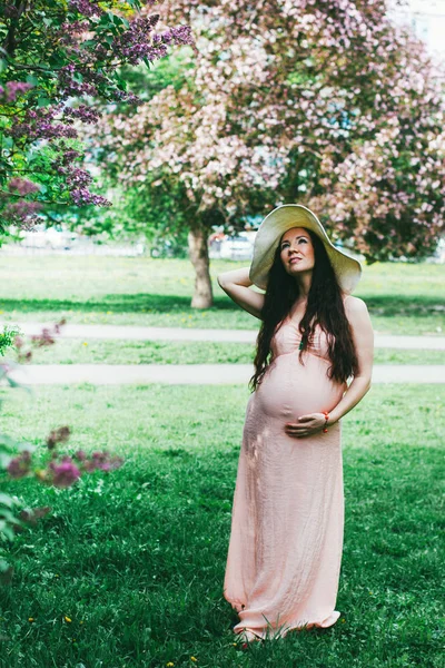 Hermosa Mujer Embarazada Con Pelo Largo Oscuro Fondo Naturaleza Floración — Foto de Stock
