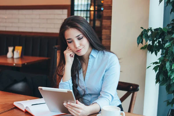 Beautiful Charming Brunette Sad Asian Girl Working Studying Table Cafe — Stock Photo, Image