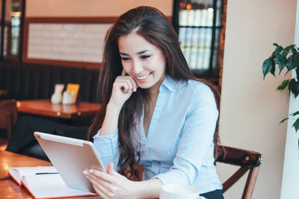 Beautiful Charming Brunette Smiling Asian Girl Tablet Cafe — Stock Photo, Image