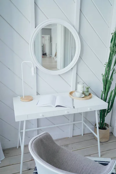 Scandinavian Modern Cozy Eco Interior White Table Mirror Bed Room — Stock Photo, Image