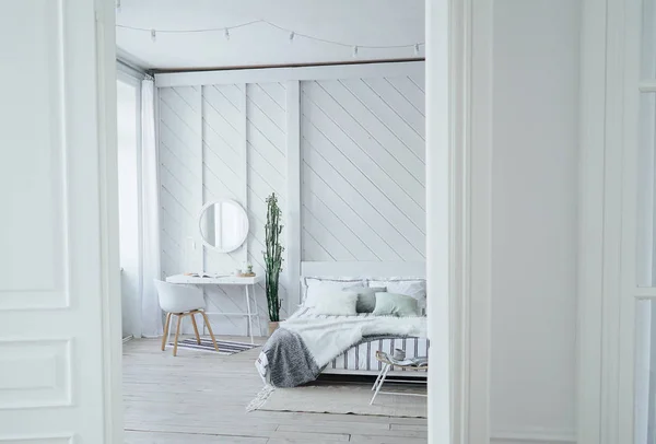 Scandinavian Modern Cozy Eco Interior White Table Mirror Bed Room — Stock Photo, Image