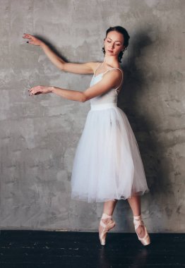 Bale dansçısı balerin çatı stüdyo içinde poz güzel ışık mavi elbise tutu etek