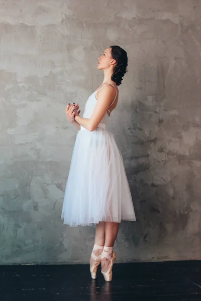 芭蕾舞蹈演员芭蕾舞演员在美丽的浅蓝色礼服 Tutu 裙子摆在阁楼工作室 — 图库照片