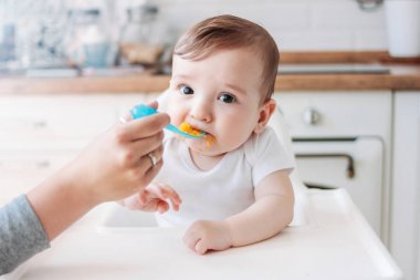 Sevimli küçük bebek erkek 6-8 ay evde kaşık ilk gıda kabak yeme