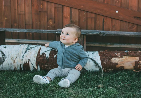 Симпатичный мальчик 8-9 месяцев, сидящий на траве на фоне естественной деревянной стены снаружи, чувствительность к понятию природы — стоковое фото