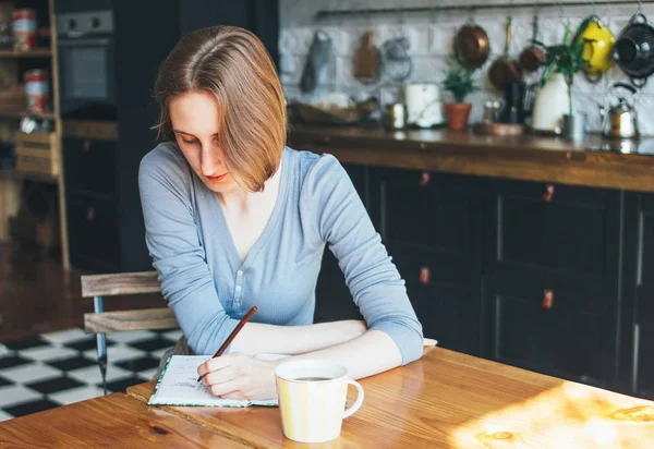 Junge Frau mit Südpfote berechnet Familienbudget, schreibt in ein Tagebuch in der Küche — Stockfoto