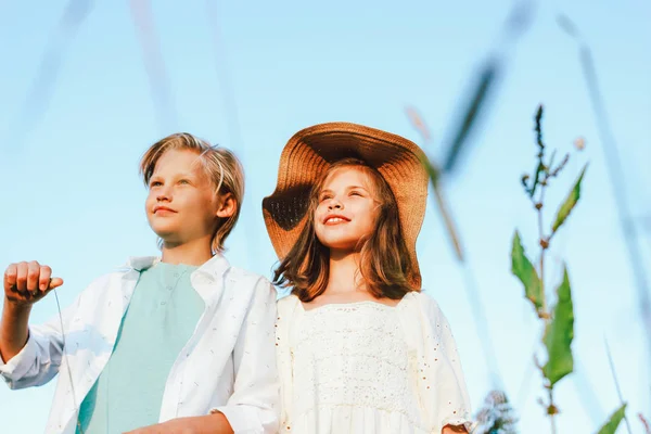 Children brother and sister friends in grass on background of blue sky, rural scene — Stock Photo, Image