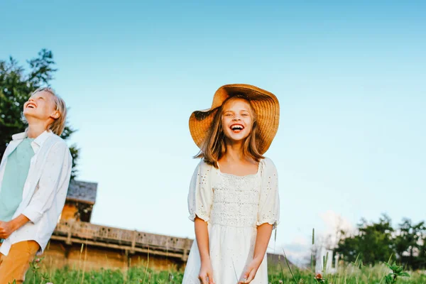 Rire enfants frère et soeur amis dans l'herbe sur le fond du ciel bleu, scène rurale — Photo